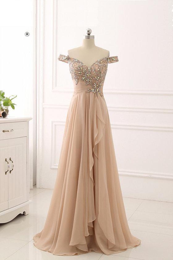 Off Shoulder Delicate Beading Long Custom Evening Prom Dresses, 17426