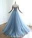 Off Shoulder Dusty Blue Beaded A-line Long Evening Prom Dresses, Cheap Sweet 16 Dresses, 18413