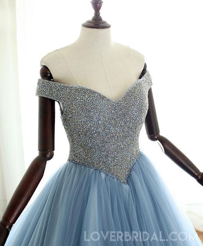 Off Shoulder Dusty Blue Beaded A-line Long Evening Prom Dresses, Cheap Sweet 16 Dresses, 18413