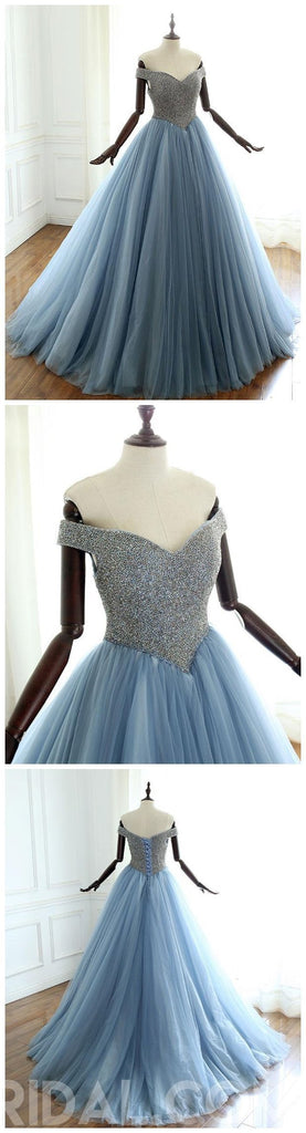 Off Shoulder Dusty Blue Beaded A-line Long Evening Prom Dresses, Cheap Sweet 16 Dresses, 18413