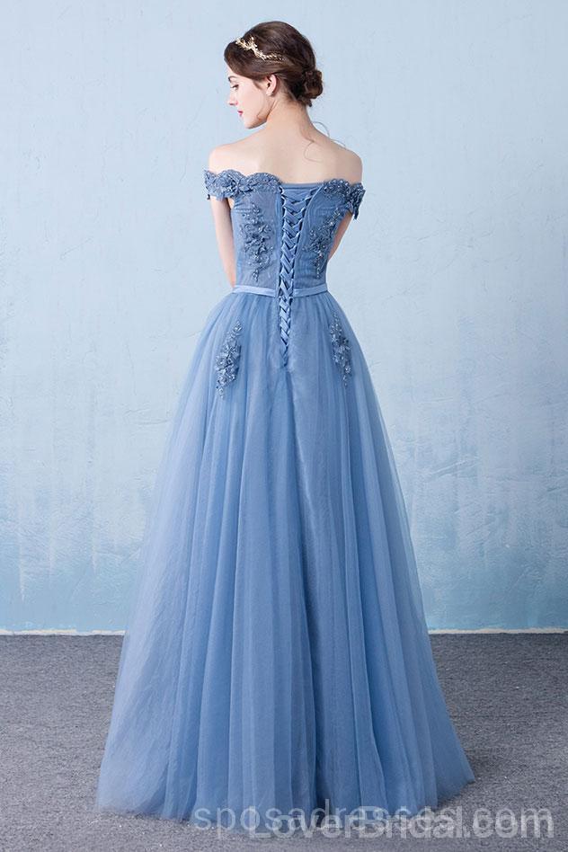 Off Shoulder Dusty Blue Long Evening Prom Dresses, Cheap Custom Party Prom Dresses, 18591