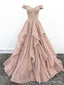 Off Shoulder Dusty Champagne Lace Cheap Long Evening Prom Dresses, Evening Party Prom Dresses, 18627