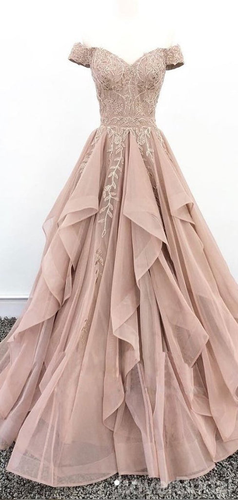 Off Shoulder Dusty Champagne Lace Cheap Long Evening Prom Dresses, Evening Party Prom Dresses, 18627
