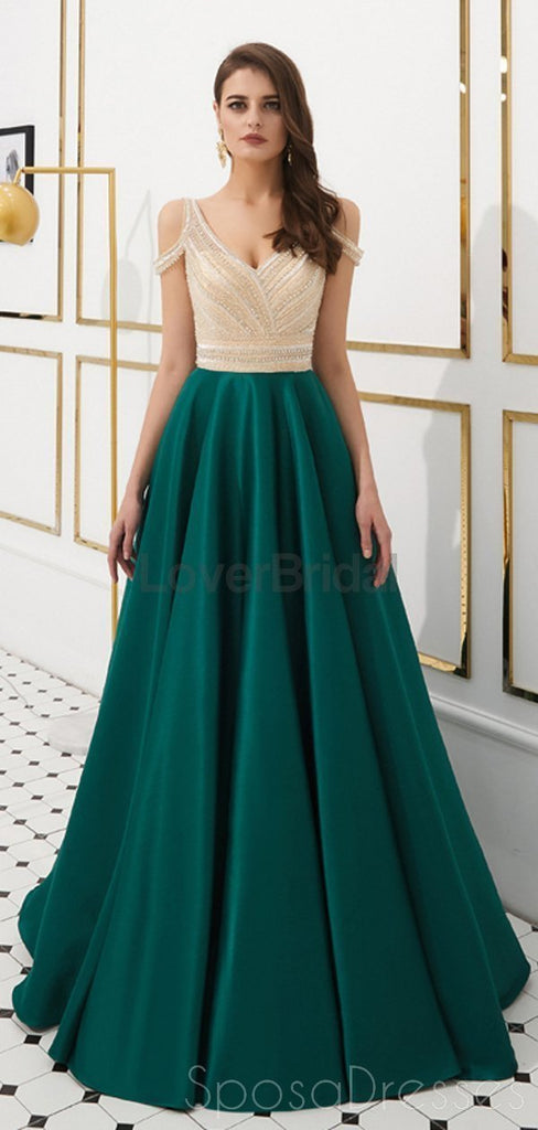 Off Shoulder Emerald Green Beaded Evening Prom Dresses, Evening Party Prom Dresses, 12079