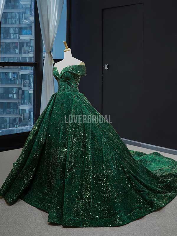 Off Shoulder Emerald Green Sequin Long Evening Prom Dresses, Evening Party Prom Dresses, 12234