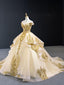 Off Shoulder Gold Applique Ball Gown Wedding Dresses, Gold Wedding Gown, WD709