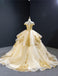 Off Shoulder Gold Applique Ball Gown Wedding Dresses, Gold Wedding Gown, WD709