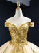 Off Shoulder Gold Applique Ball Gown Wedding Dresses, Gold Wedding Gown, WD709