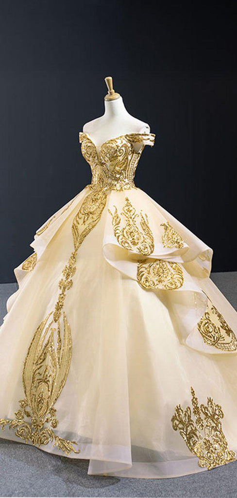 Off Shoulder Gold Applique Ball Gown Wedding Dresses, Gold Wedding Gown, WD709