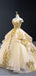 Off Shoulder Gold Applique Ball Gown Wedding Dresses, Gold Wedding Gown, WD709