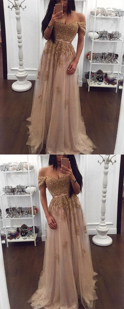 Off Shoulder Gold Lace Beaded Long Evening Prom Dresses, Popular Cheap Long Custom Party Prom Dresses, 17329