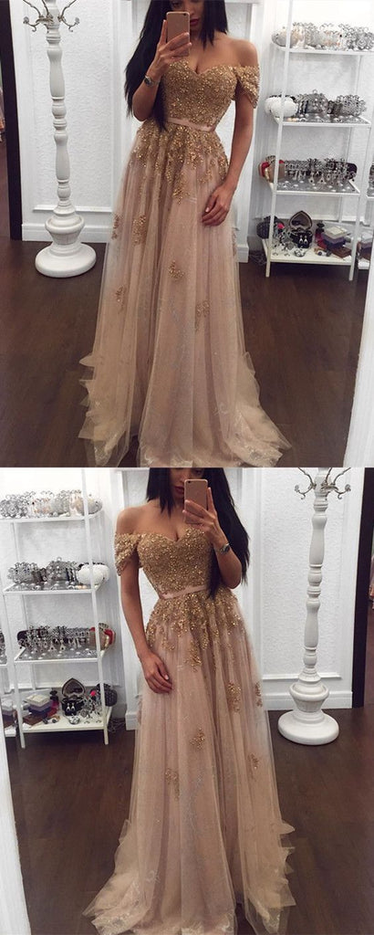 Off Shoulder Gold Lace Beaded Long Evening Prom Dresses, Popular Cheap Long Custom Party Prom Dresses, 17329