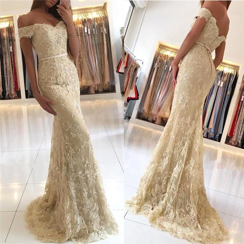 Off Shoulder Gold Lace Mermaid Evening Prom Dresses, Fashion Party Prom Dresses, Custom Long Prom Dresses, Cheap Formal Prom Dresses, 17163