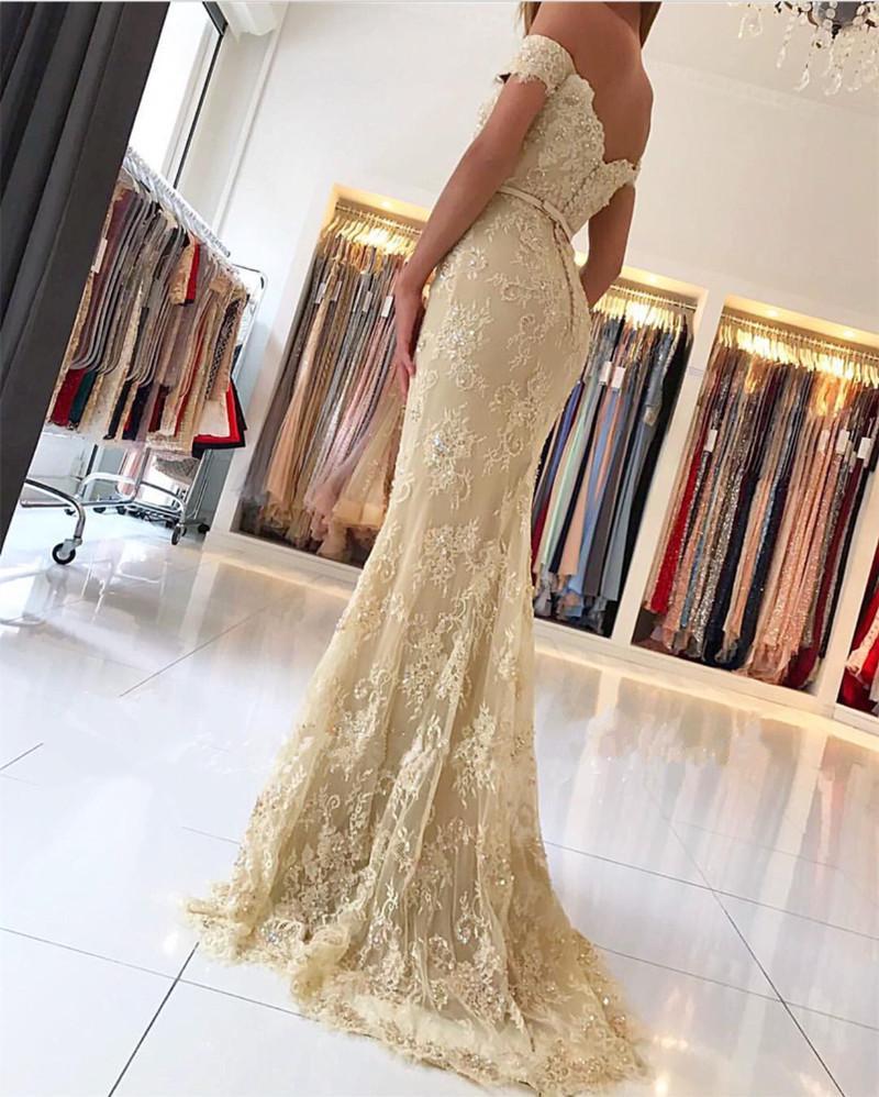 Off Shoulder Gold Lace Mermaid Evening Prom Dresses, Fashion Party Prom Dresses, Custom Long Prom Dresses, Cheap Formal Prom Dresses, 17163