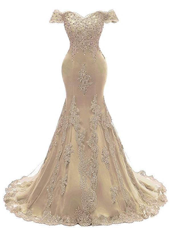 Off Shoulder Gold Lace Mermaid Long Evening Prom Dresses, 17671