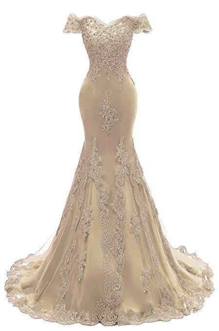 Off Shoulder Gold Lace Mermaid Long Evening Prom Dresses, 17671