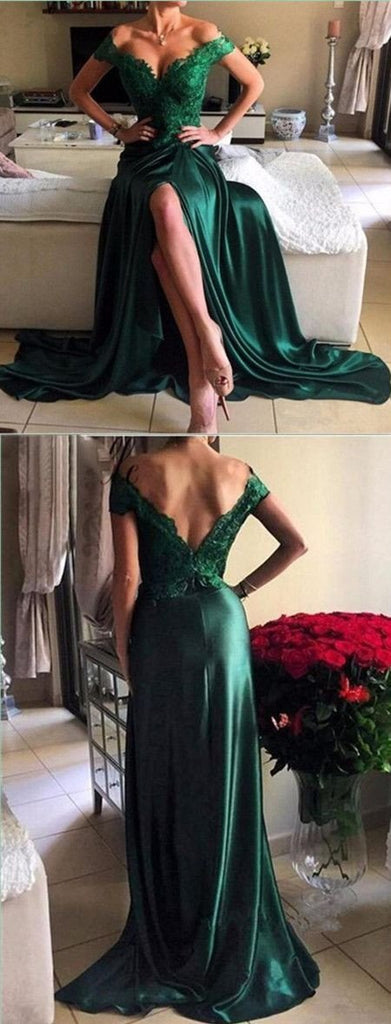 Off Shoulder Green Lace Evening Prom Dresses, 2017 Long Slit Prom Dress, Custom Long Prom Dresses, Cheap Formal Prom Dresses, 17064