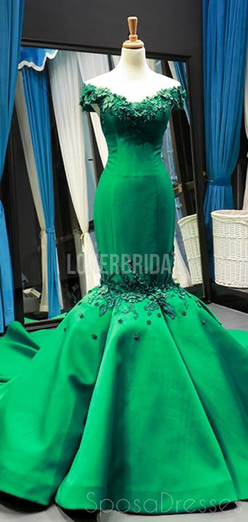 Off Shoulder Green Lace Mermaid Long Evening Prom Dresses, Evening Party Prom Dresses, 12280