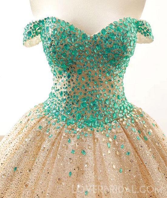 Off Shoulder Green Rhinestone Ball Gown Long Evening Prom Dresses, Cheap Sweet 16 Dresses, 18434