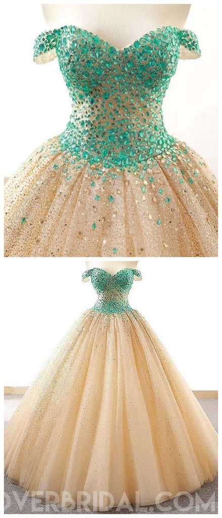 Off Shoulder Green Rhinestone Ball Gown Long Evening Prom Dresses, Cheap Sweet 16 Dresses, 18434