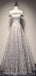 Off Shoulder Grey Lace A-line Long Evening Prom Dresses, Cheap Sweet 16 Dresses, 18407