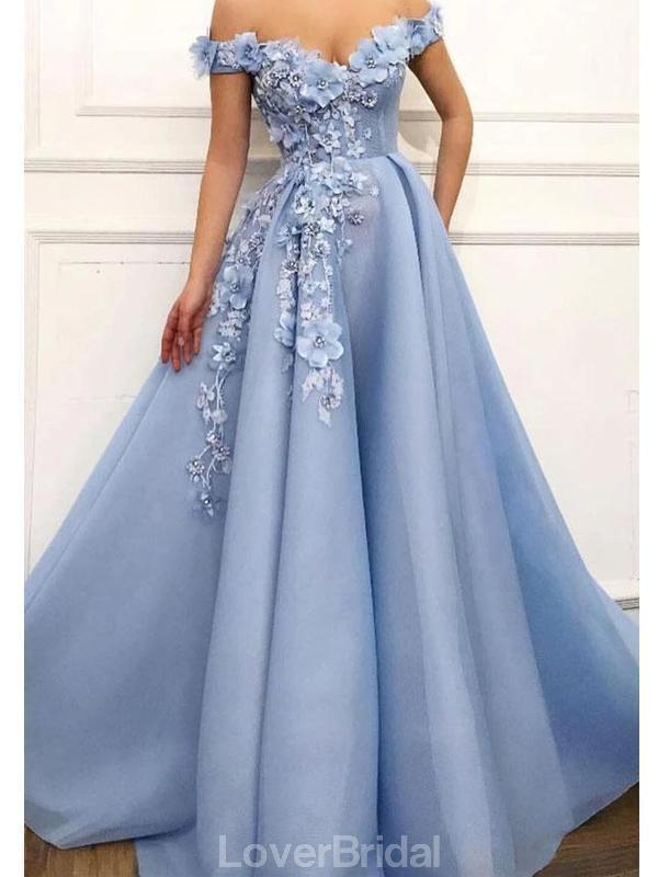 Off Shoulder Handmade Flower Blue Cheap Long Evening Prom Dresses, Evening Party Prom Dresses, 12151