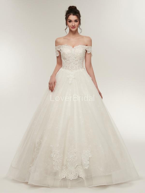 Off Shoulder Lace A-line Cheap Wedding Dresses Online, Unique Bridal Dresses, WD568