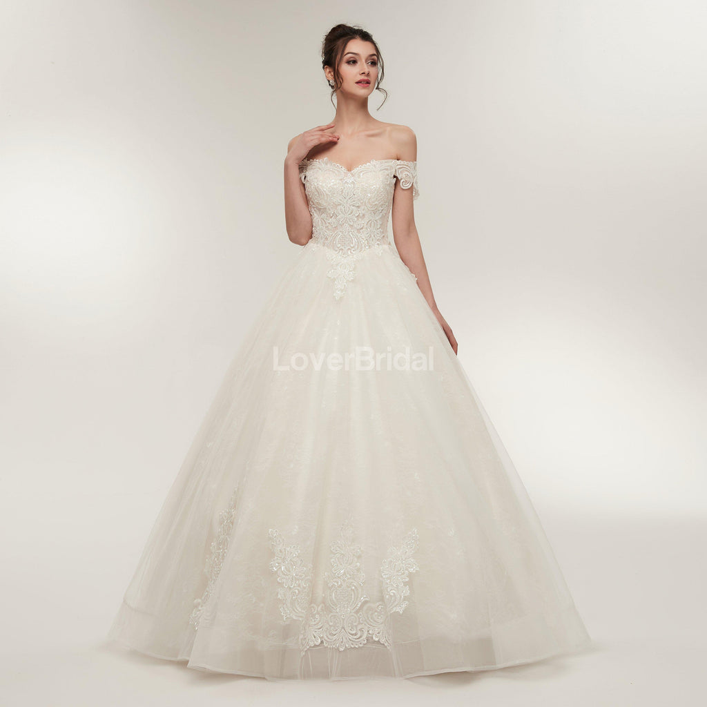 Off Shoulder Lace A-line Cheap Wedding Dresses Online, Unique Bridal Dresses, WD568