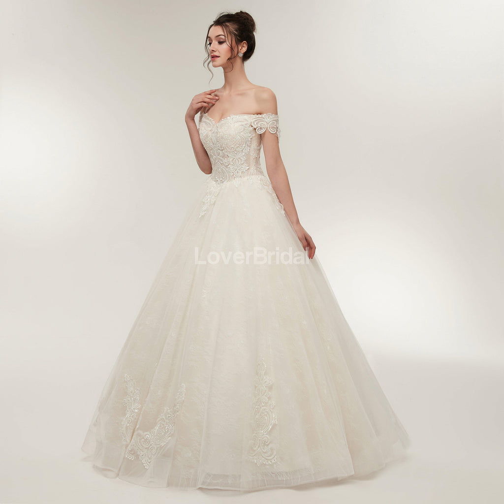 Off Shoulder Lace A-line Cheap Wedding Dresses Online, Unique Bridal Dresses, WD568