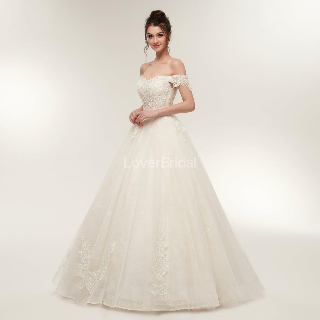 Off Shoulder Lace A-line Cheap Wedding Dresses Online, Unique Bridal Dresses, WD568