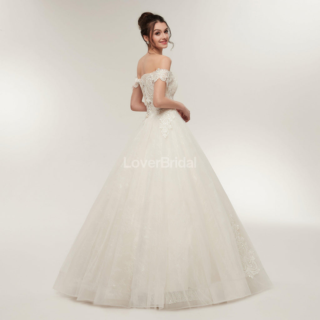 Off Shoulder Lace A-line Cheap Wedding Dresses Online, Unique Bridal Dresses, WD568