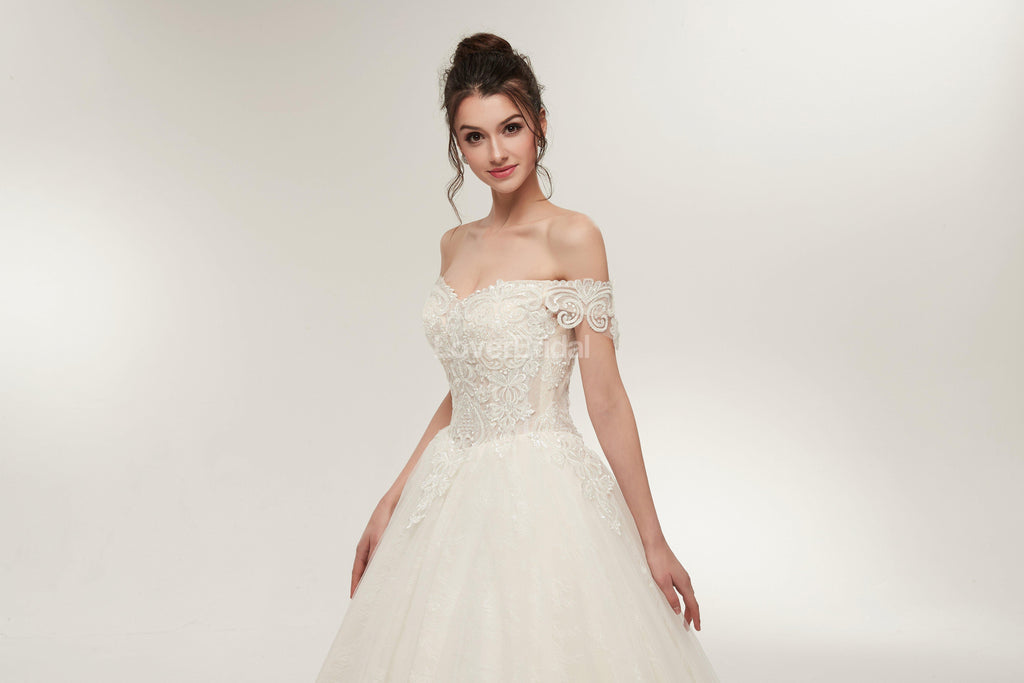 Off Shoulder Lace A-line Cheap Wedding Dresses Online, Unique Bridal Dresses, WD568