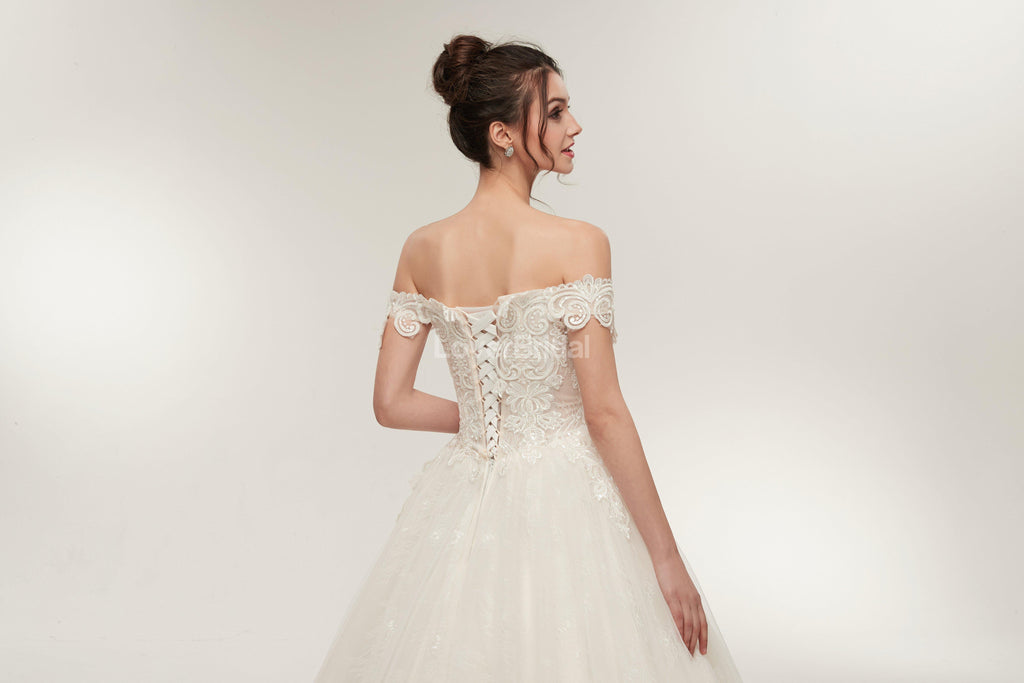 Off Shoulder Lace A-line Cheap Wedding Dresses Online, Unique Bridal Dresses, WD568