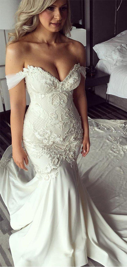 Off Shoulder Lace Mermaid Wedding Dresses, Lace Wedding Gown, WD696