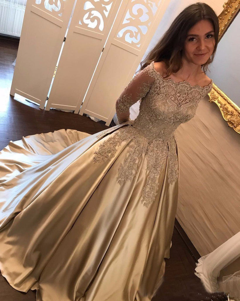 Off Shoulder Long Sleeve Gold A line Sparkly Evening Prom Dresses, Popular Sweet 16 Party Prom Dresses, Custom Long Prom Dresses, Cheap Formal Prom Dresses, 17159