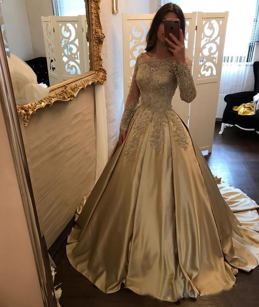 Off Shoulder Long Sleeve Gold A line Sparkly Evening Prom Dresses, Popular Sweet 16 Party Prom Dresses, Custom Long Prom Dresses, Cheap Formal Prom Dresses, 17159