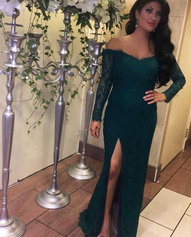 Off Shoulder Long Sleeve Green Lace Evening Prom Dresses, Popular Green Party Prom Dresses, Custom Long Prom Dresses, Cheap Formal Prom Dresses, 17195