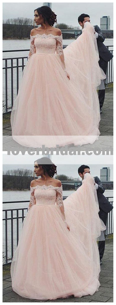 Off Shoulder Long Sleeve Pink A-line Wedding Dresses Online, WD344