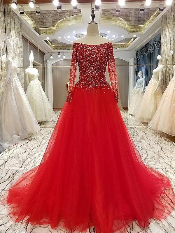 Off Shoulder Long Sleeve Rhinestone Beaded Long Evening Prom Dresses, 17674