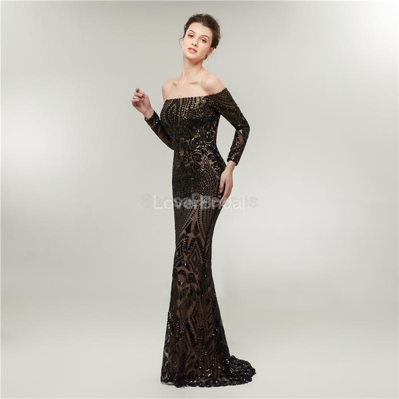 Off Shoulder Long Sleeves Black Sparkly Mermaid Long Evening Prom Dresses, Evening Party Prom Dresses, 12014