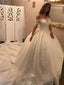 Off Shoulder Long Sleeves Lace Chapel Tail Scoop A line Wedding Dresses Online, WD406