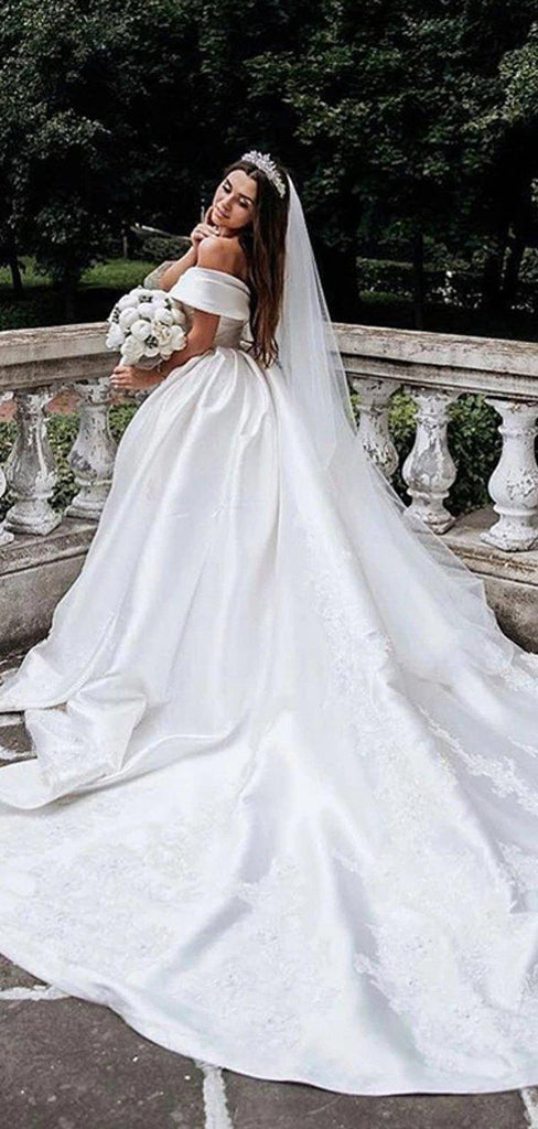 Off Shoulder Long Tail Satin Wedding Dresses, Cheap Wedding Gown, WD690