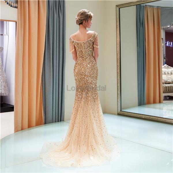 Off Shoulder Mermaid Gold Beaded Evening Prom Dresses, Evening Party Prom Dresses, 12060