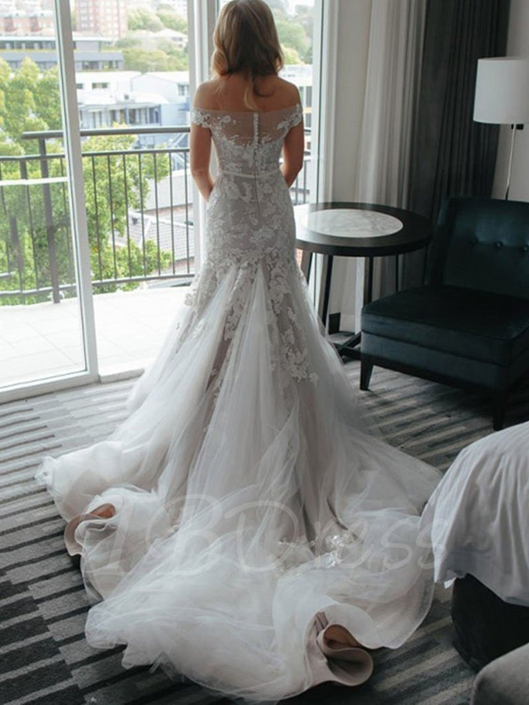 Off Shoulder Mermaid Lace Cheap Wedding Dresses Online, Cheap Mermaid Bridal Dresses, WD446