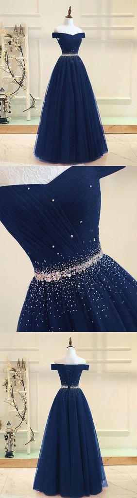 Off Shoulder Navy Tulle A line Beaded Long Evening Prom Dresses, 17694