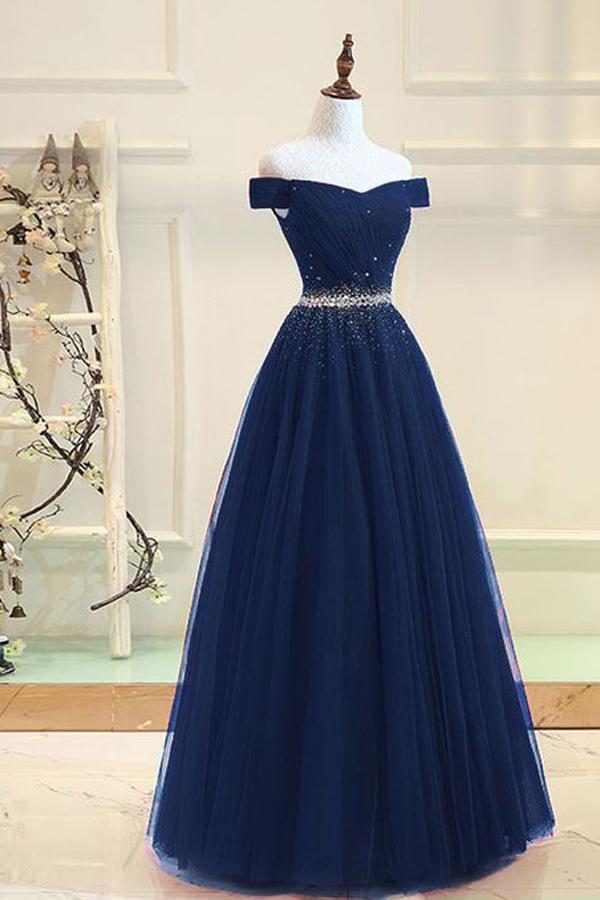 Off Shoulder Navy Tulle A line Beaded Long Evening Prom Dresses, 17694