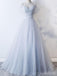 Off Shoulder Pale Blue Tulle A-line Long Evening Prom Dresses, Cheap Party Custom Prom Dresses, 18626