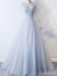 Off Shoulder Pale Blue Tulle A-line Long Evening Prom Dresses, Cheap Party Custom Prom Dresses, 18626