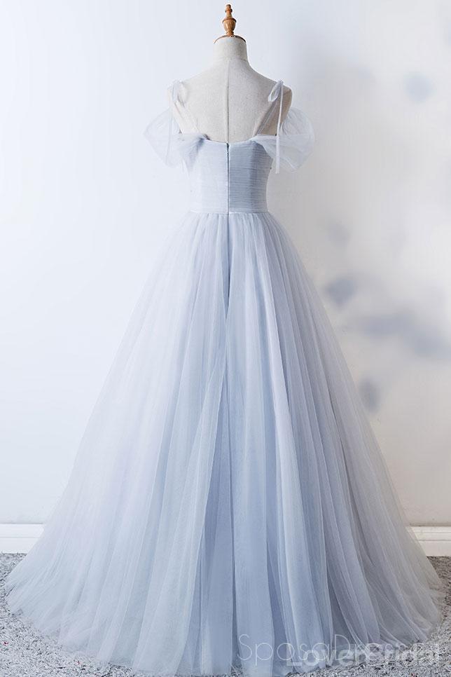Off Shoulder Pale Blue Tulle A-line Long Evening Prom Dresses, Cheap Party Custom Prom Dresses, 18626