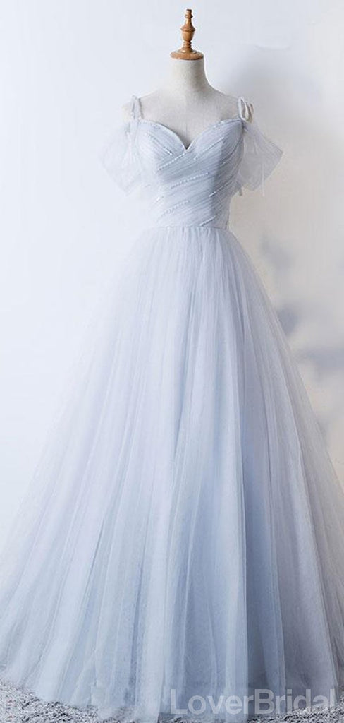 Off Shoulder Pale Blue Tulle A-line Long Evening Prom Dresses, Cheap Party Custom Prom Dresses, 18626